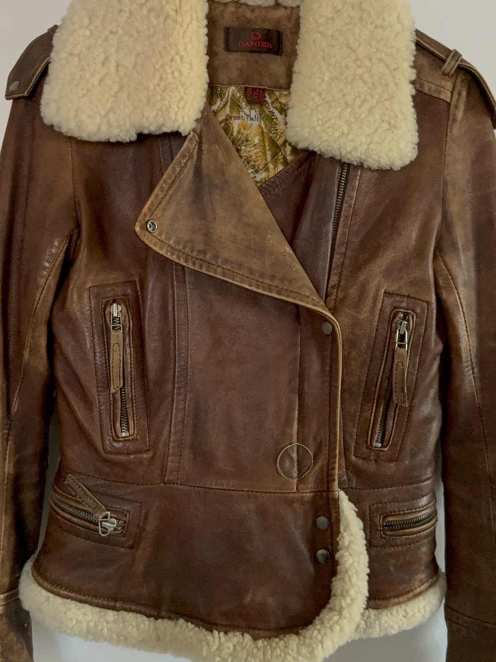 Danier Brown Leather Shearling Aviator Jacket with Cream Collar
